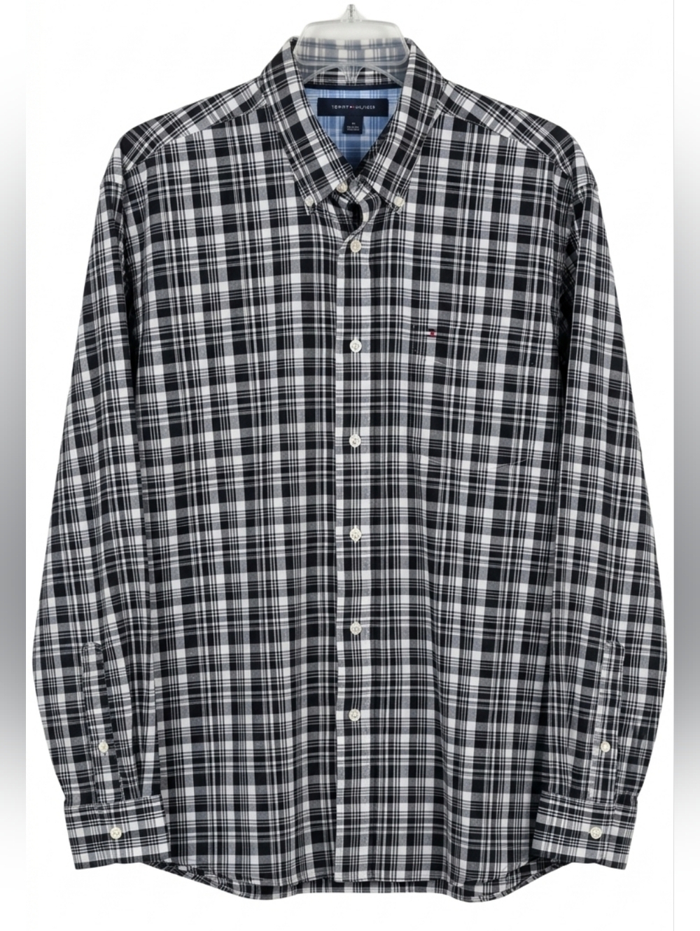 L/G Vintage Tommy Hilfiger Black/White/Grey Button Down Plaid Flag Long Sleeve